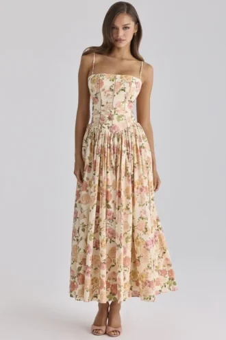 Ysabella Warm Rose Print Cotton Midi Sundress