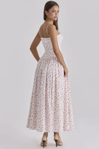Ysabella White Rose Print Cotton Midi Sundress