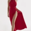 Zanab Red Rose Thigh Slit Maxi Dress