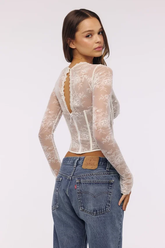 Zoe Vintage Ivory Lace Long Sleeve Corset Top