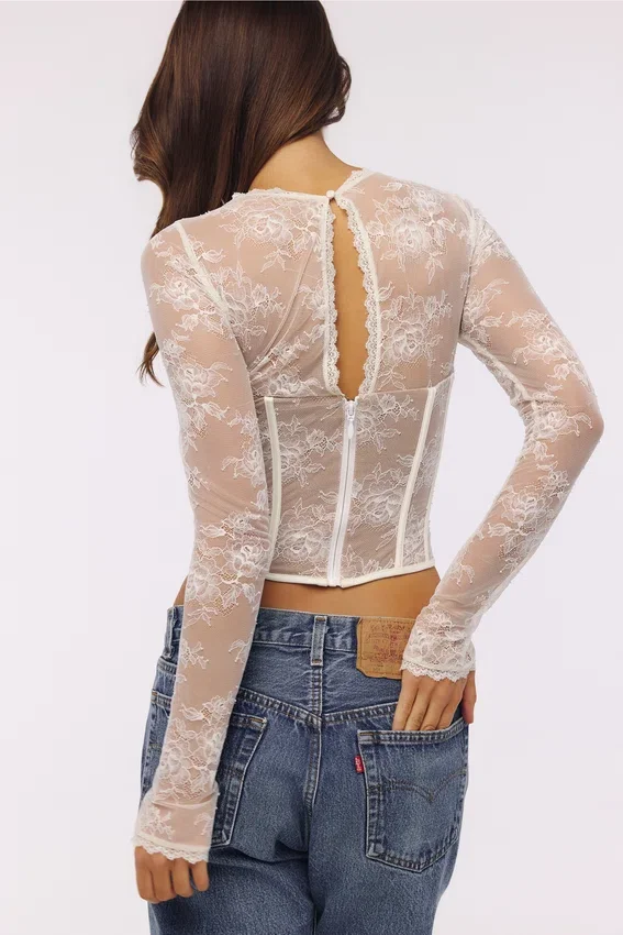 Zoe Vintage Ivory Lace Long Sleeve Corset Top